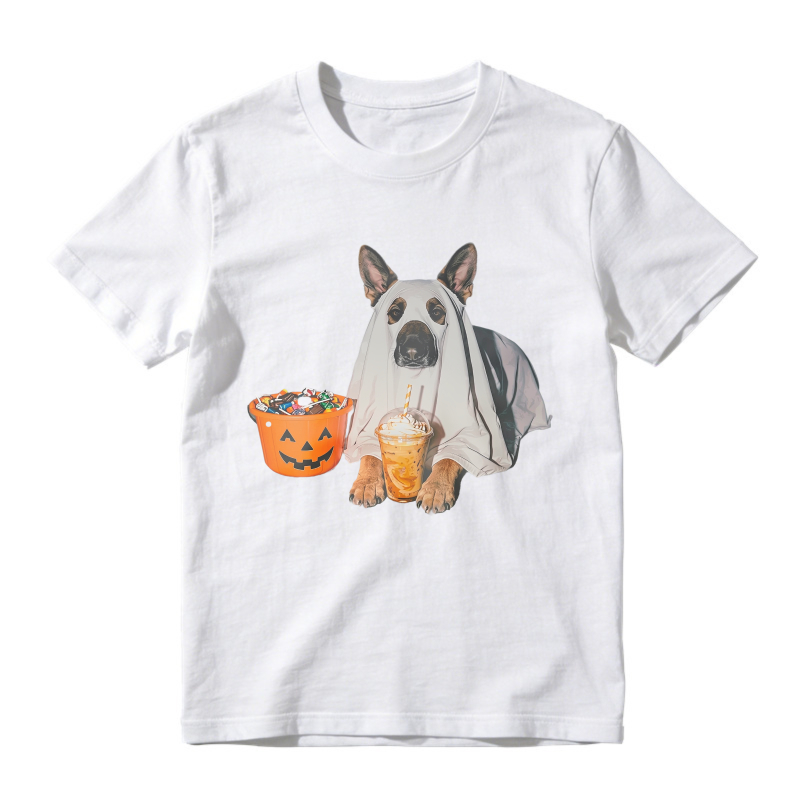 Halloween Dog In Ghost Costume With Pumpkin Candy Bucket And Drink, Unisex Classic T-shirt