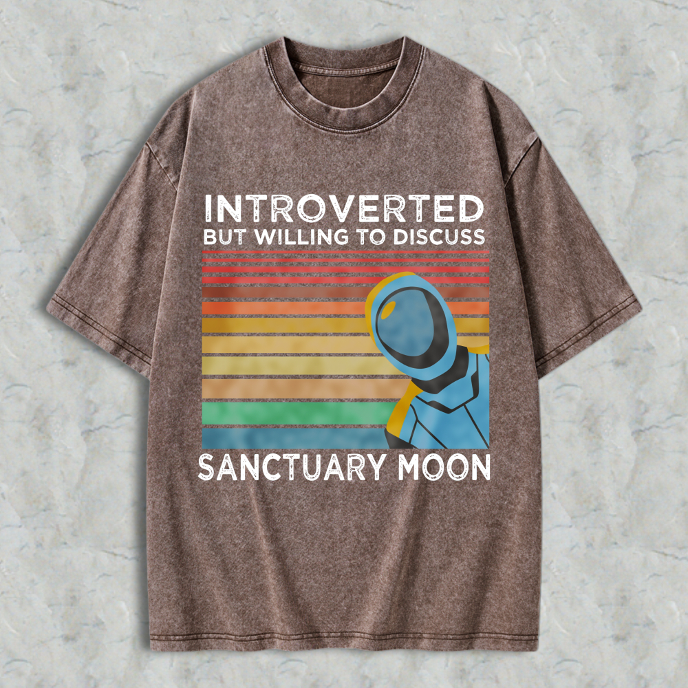 Wardrobecart Introverted But Willing To Discuss Sanctuary Moon Astronaut Vintage Rainbow Design Unisex Washed T-shirt