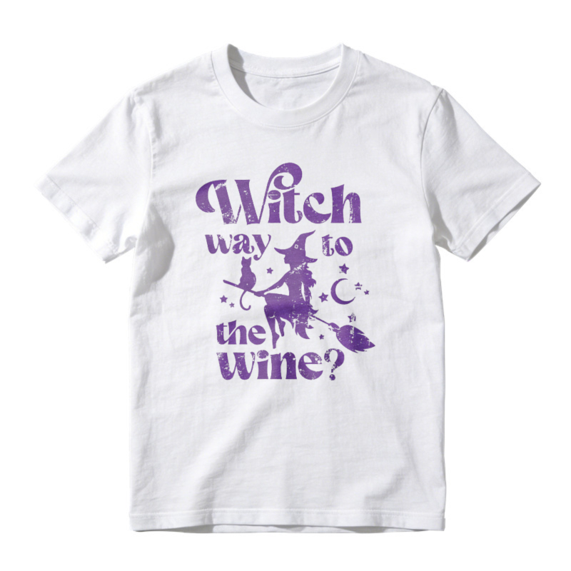 Witch Way To The Wine Halloween Witch Flying On Broomstick Moon Stars Graphic T-shirt