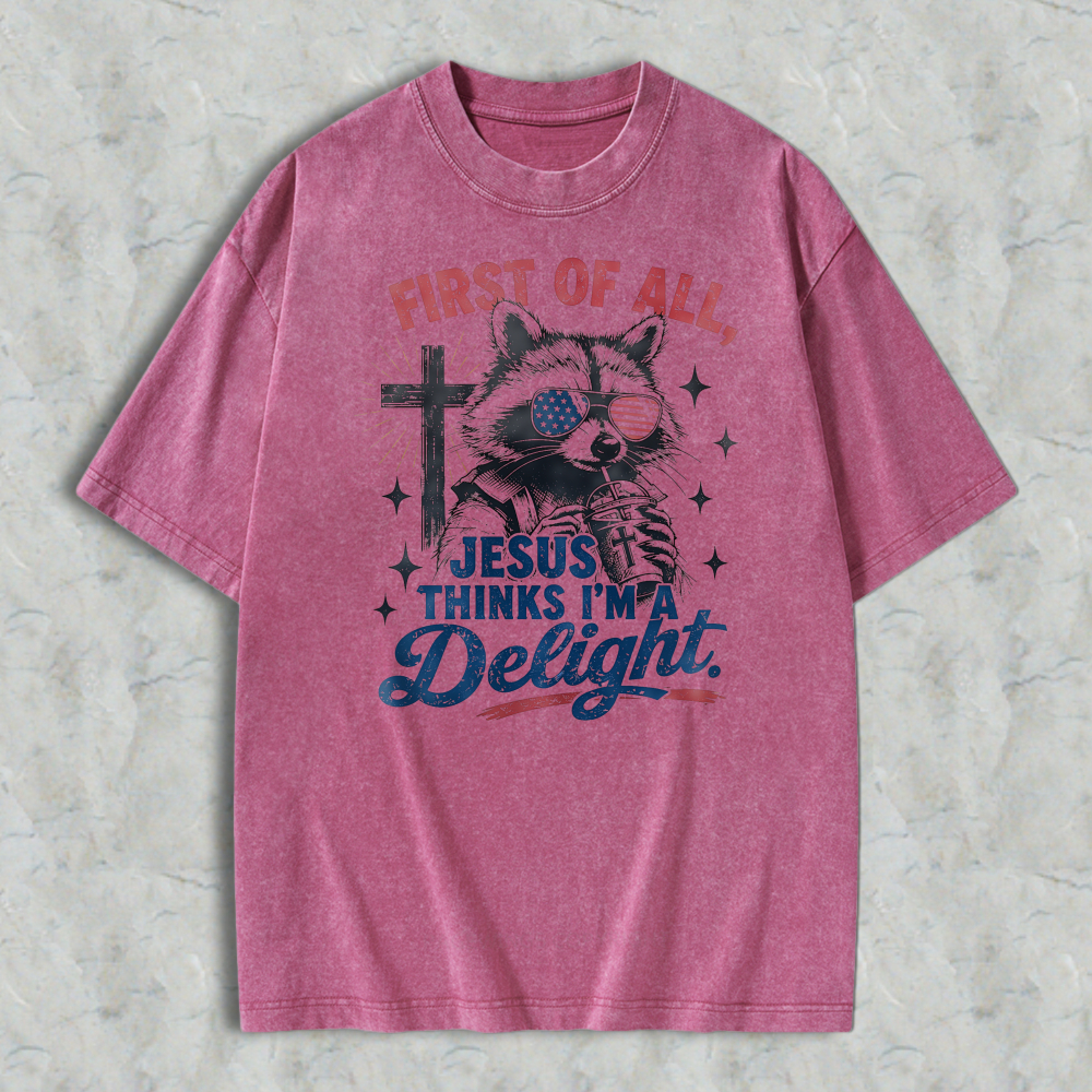 Cat With American Flag Eyes And Cross First Of All Jesus Thinks I M Delight Washed T-shirt