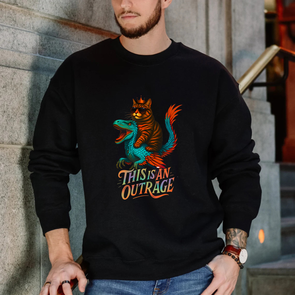 Wardrobecart Cat Riding Dinosaur This Is An Outrage Unisex Classic Sweatshirt