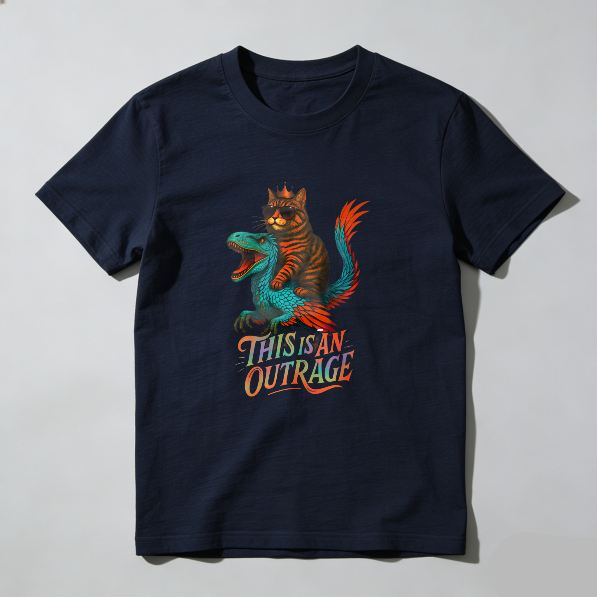 Wardrobecart Cat Riding Dinosaur This Is An Outrage Tshirt
