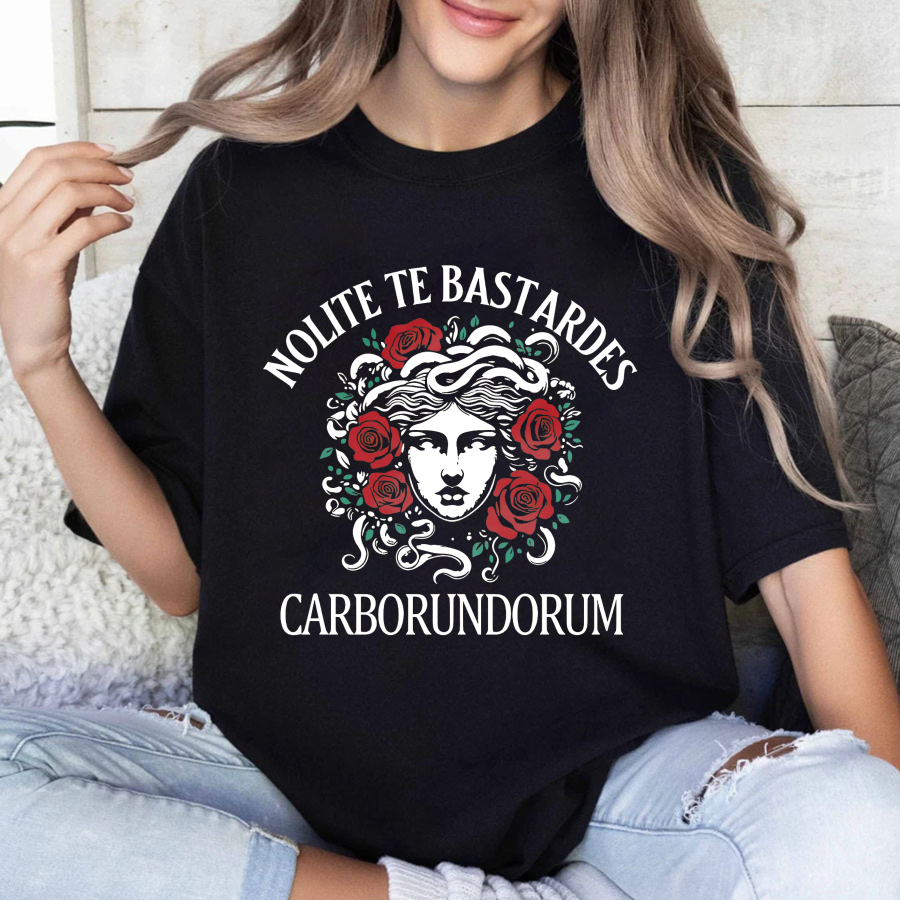 Wardrobecart Nolite Te Bastardes Carborundorum Medusa With Roses And Latin Text Tshirt