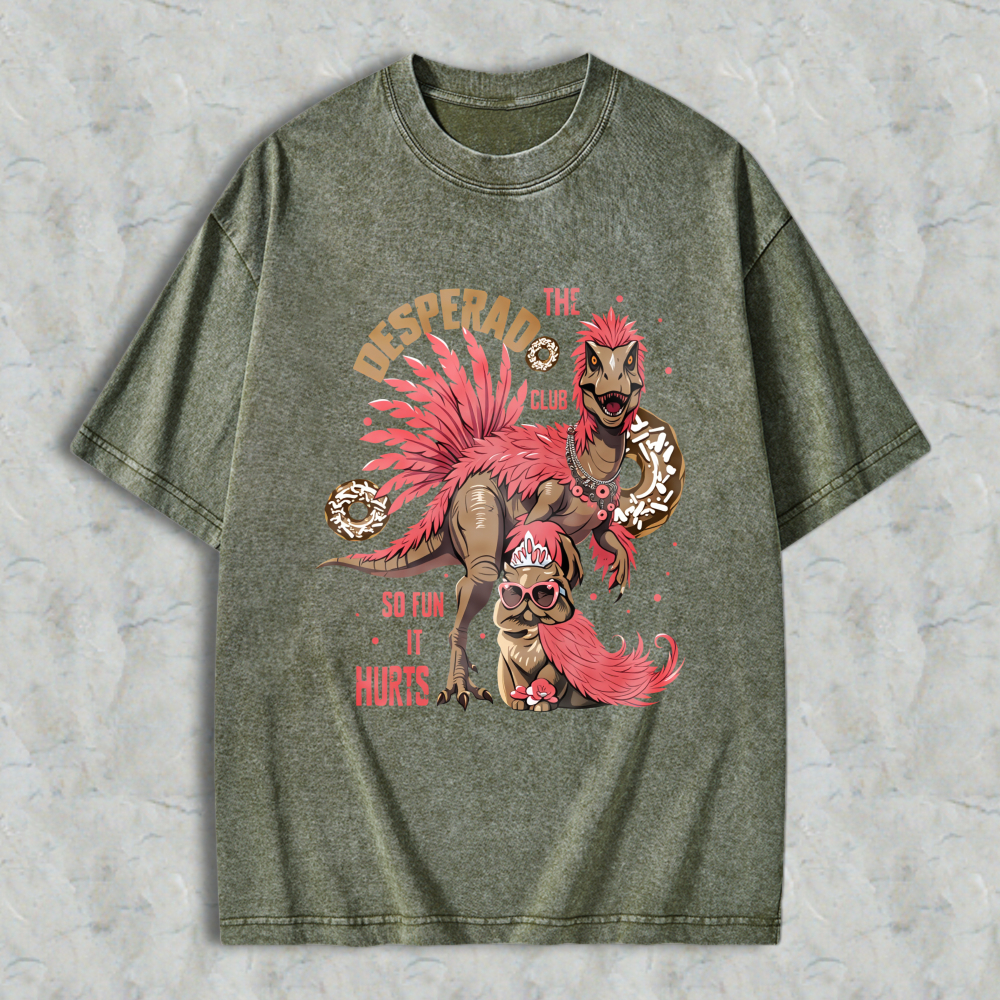 Wardrobecart Desperado Club Dinosaur With Donuts And Pink Hair Unisex Washed T-shirt