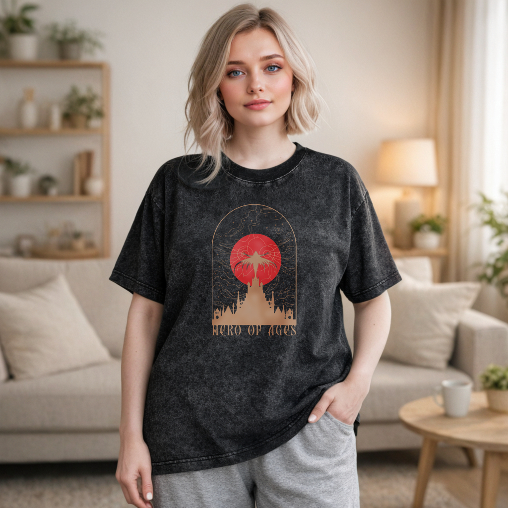 Wardrobecart Hero Of Ages Castle And Red Sun Design Unisex Washed T-shirt