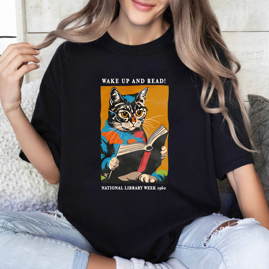 Wardrobecart Wake Up And Read Cat Reading Book Tshirt
