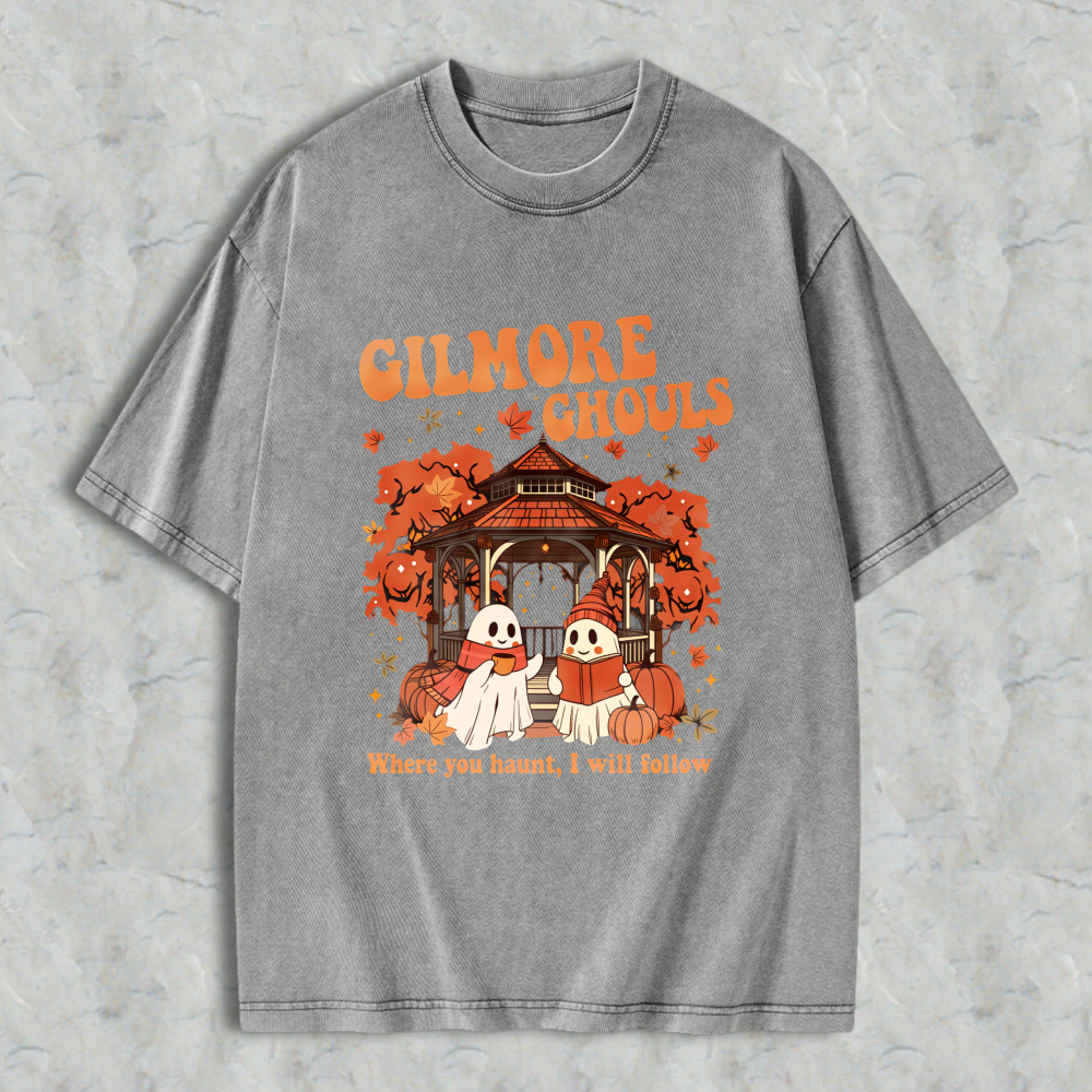 Wardrobecart Gilmore Ghouls Halloween Ghosts And Pumpkin House Design Unisex Washed T-shirt