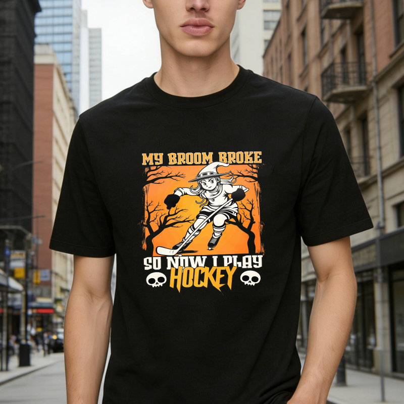 My Broom Broke So Now I Play Hockey Skeleton Witch Halloween Unisex Classic T-shirt