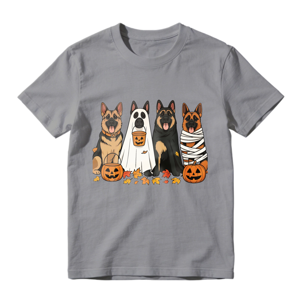 Halloween German Shepherd Dogs In Costumes With Pumpkins And Autumn Leaves, Unisex Classic T-shirt