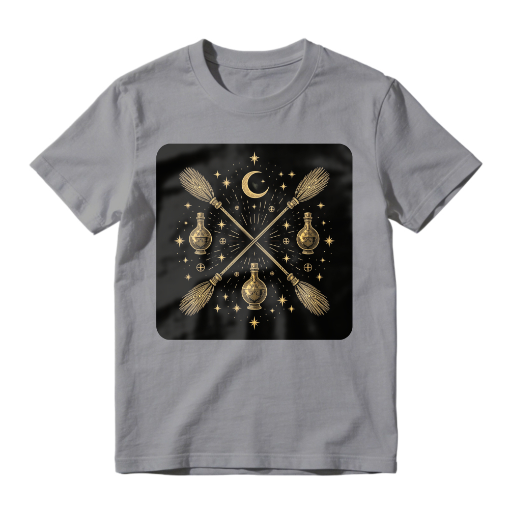 Crossed Brooms And Potion Bottles With Moon And Stars Magic Design, Unisex Classic T-shirt