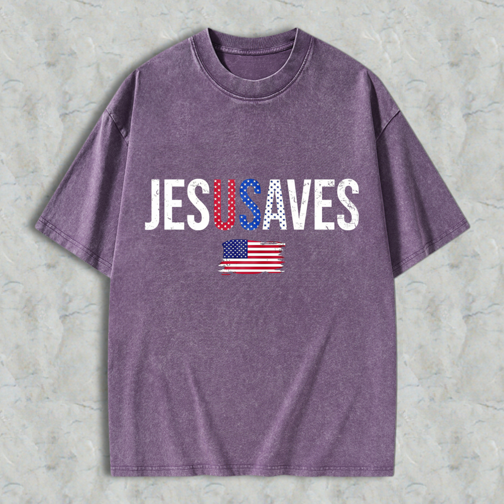 Jesus Saves With American Flag Design Washed T-shirt