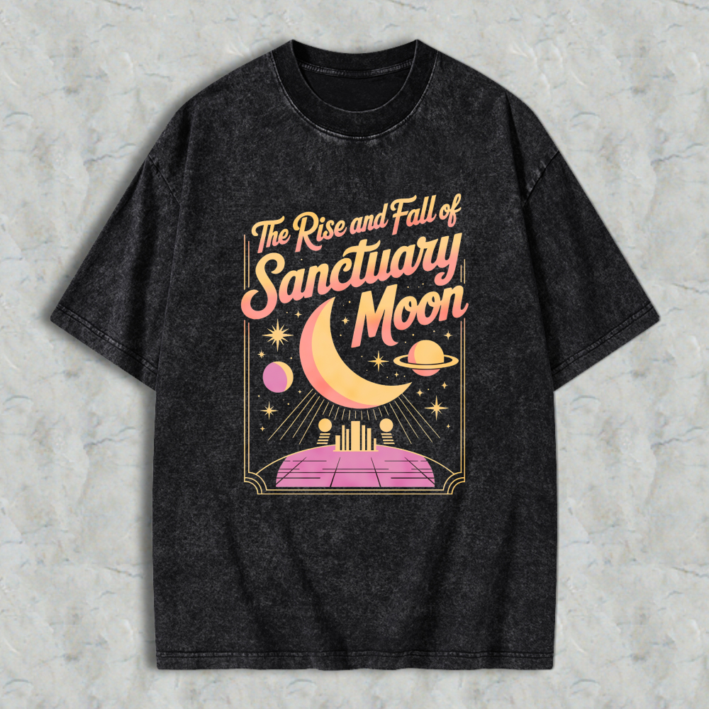 Wardrobecart The Rise And Fall Of Sanctuary Moon Cosmic Scene With Crescent Moon Planets And Futuristic Platform Unisex Washed T-shirt