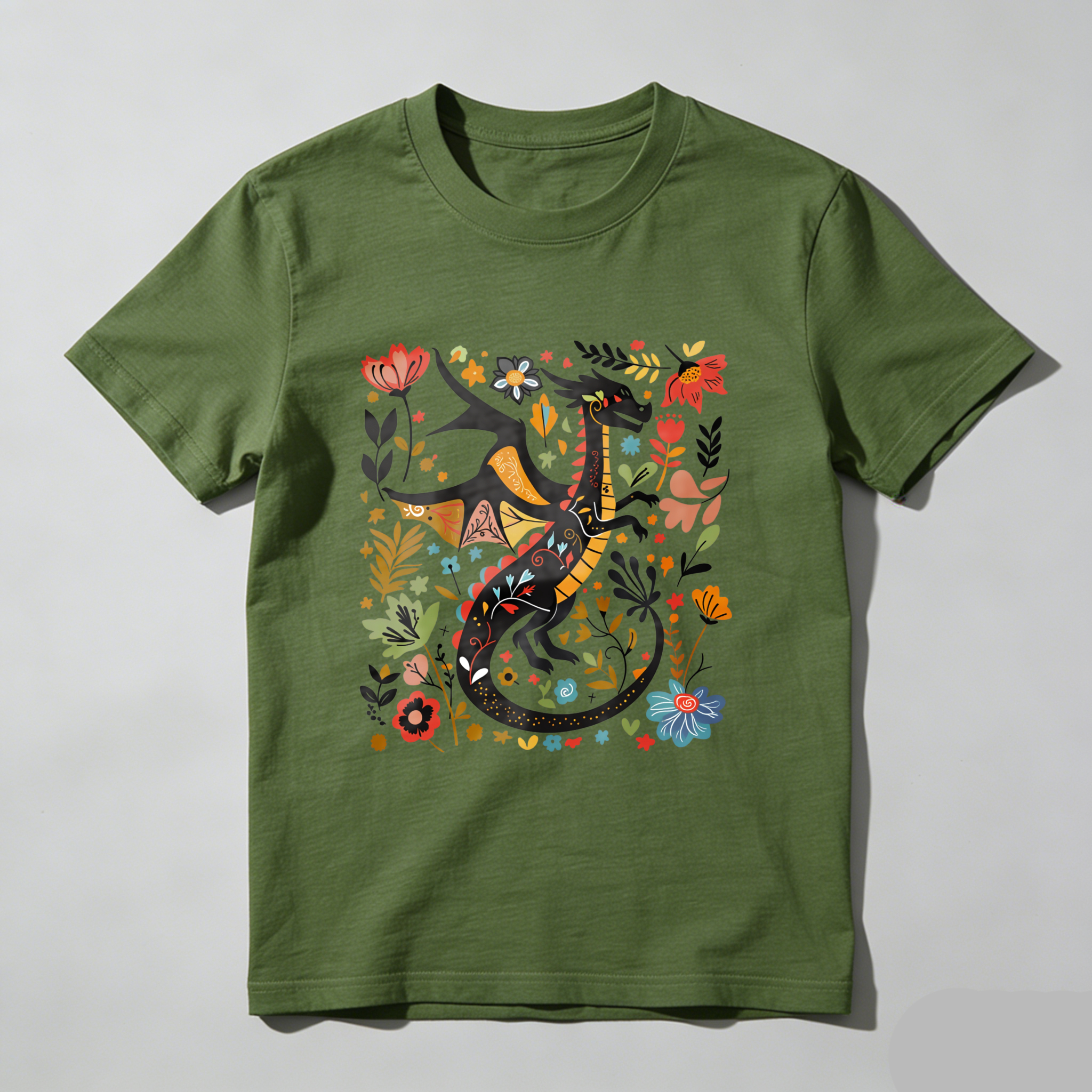 Wardrobecart Colorful Dragon Floral Pattern Design Tshirt