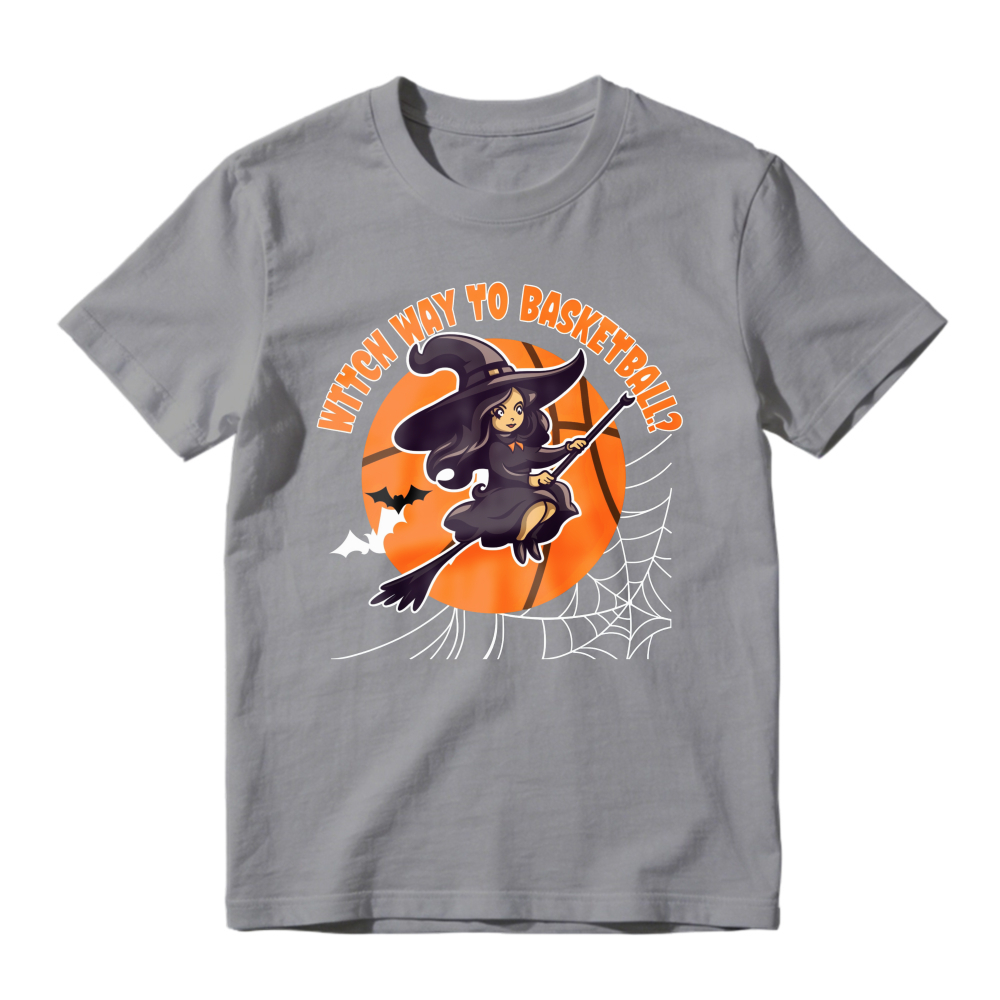 Witch Way To Basketball Halloween Witch Flying On Broomstick Over Orange Moon With Spiderweb And Bats Unisex Classic T-shirt
