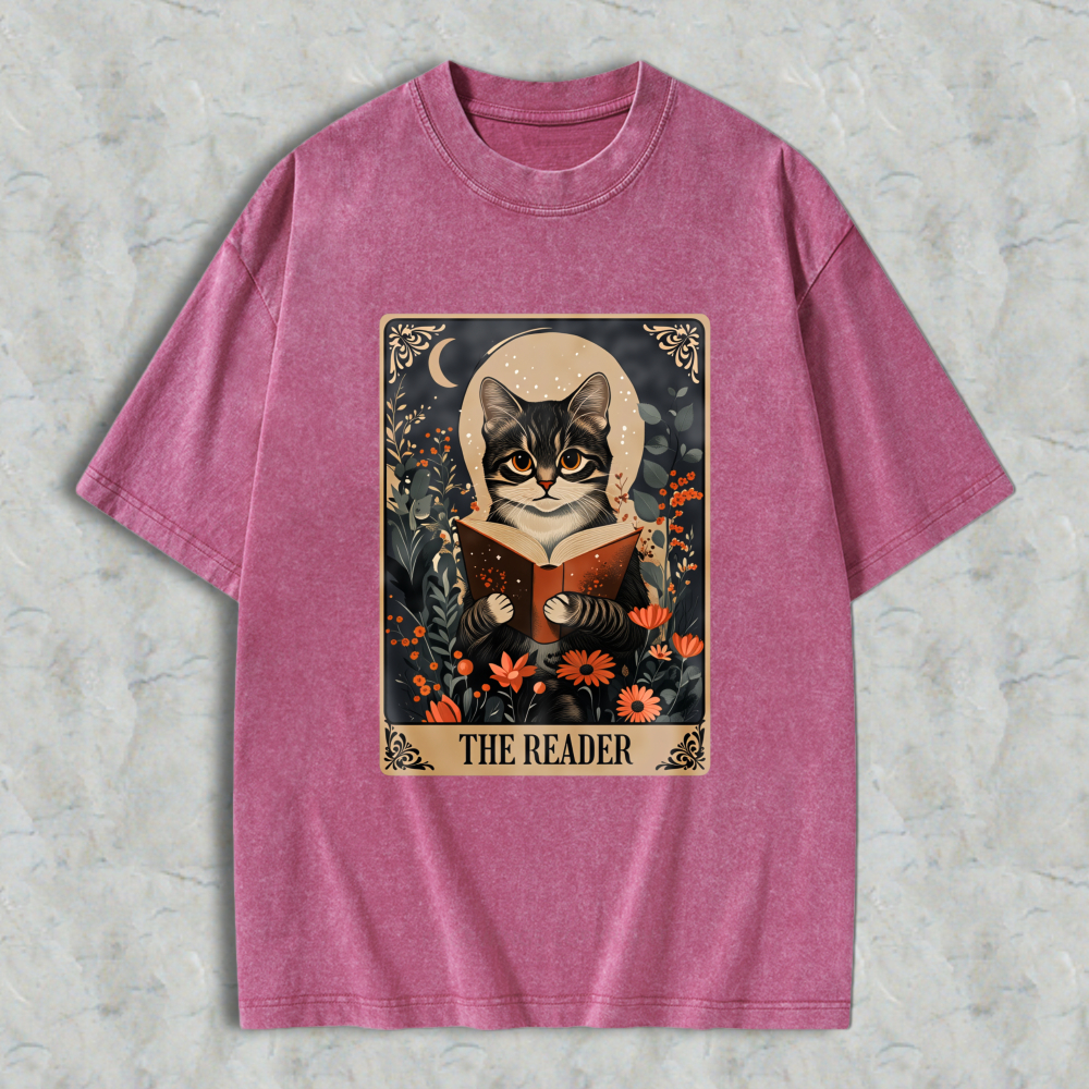 Wardrobecart Cat Reading Book With Floral Background And Moon The Reader Unisex Washed T-shirt
