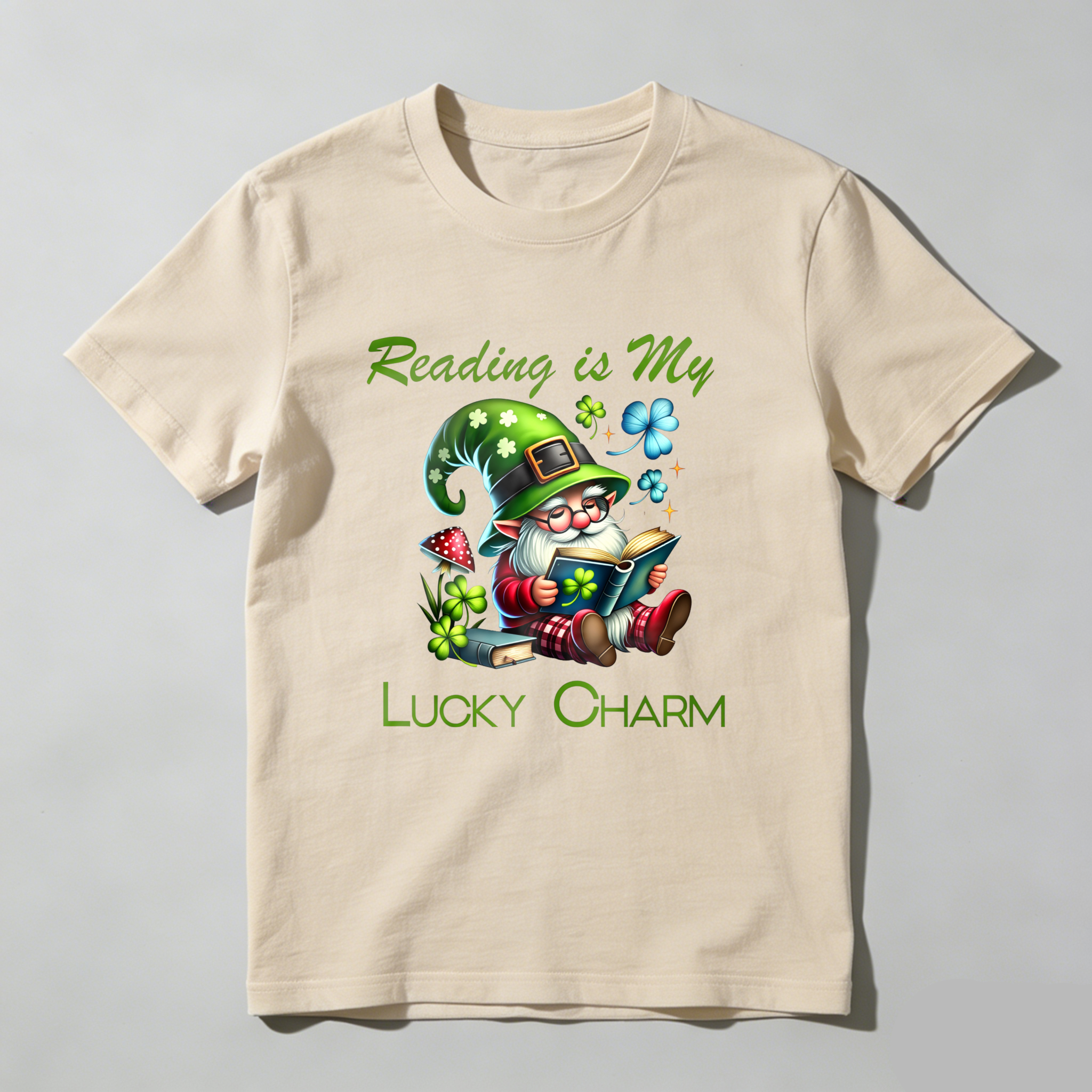 Wardrobecart Gnome Reading Book With Clover Hat tshirt