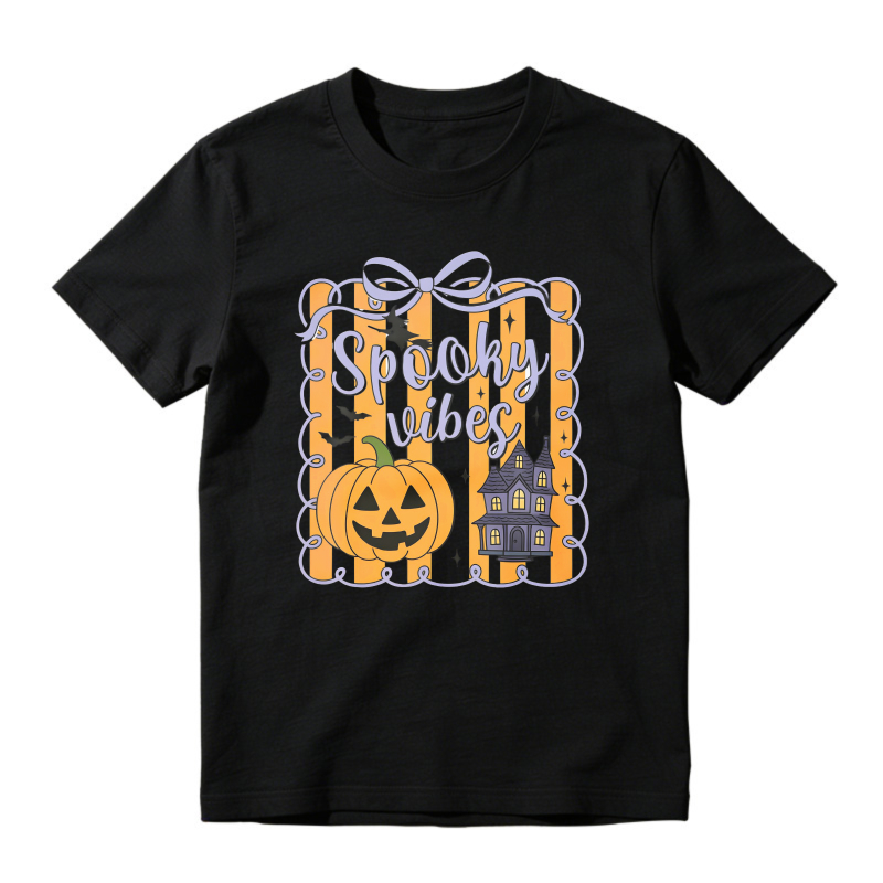 Spooky Vibes Pumpkin And Haunted House Halloween Graphic, Unisex Classic T-shirt