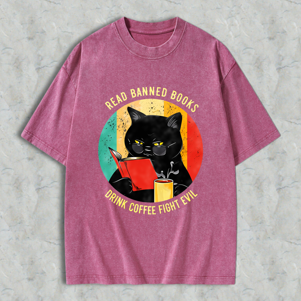 Wardrobecart Cat Reading Book With Coffee And Banned Books Text Unisex Washed T-shirt