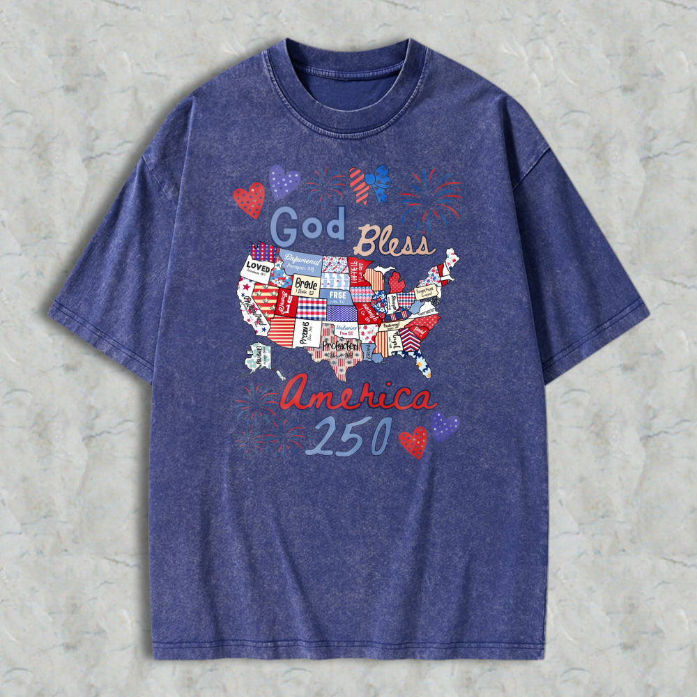 God Bless America 250 Usa Map With Patriotic Symbols And Fireworks Washed T-shirt