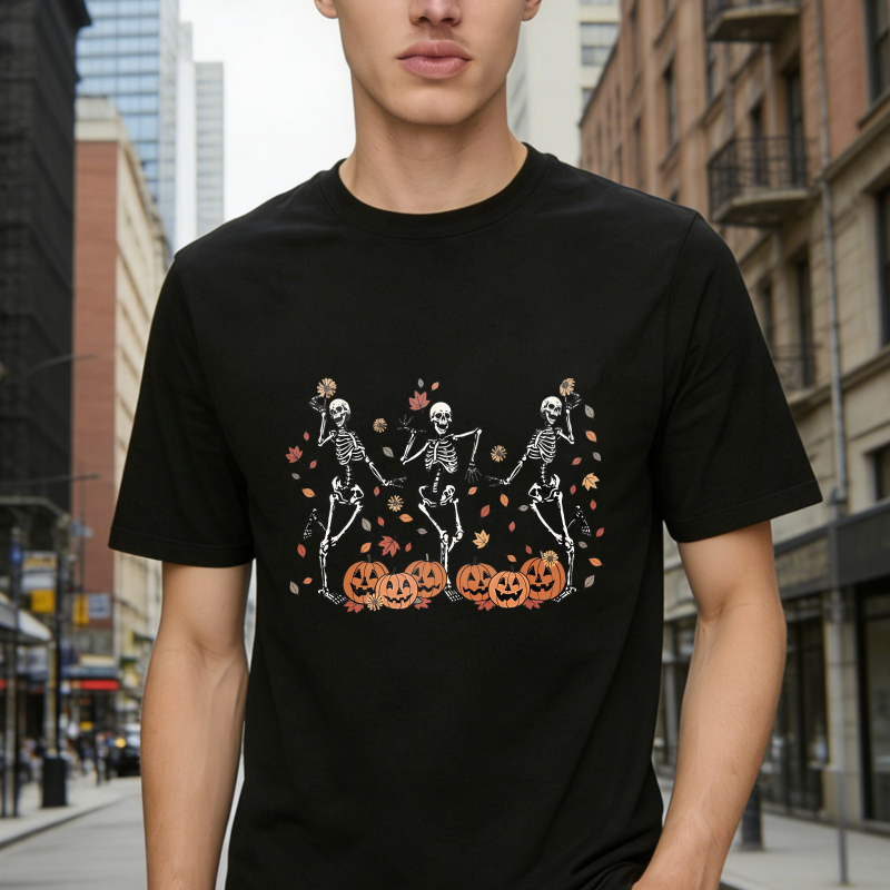 Halloween Skeletons Dancing With Pumpkins And Autumn Leaves Unisex Classic T-shirt