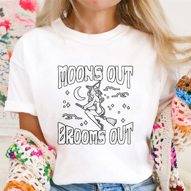 Moons Out Brooms Out Witch Flying On Broomstick Halloween Graphic T-shirt