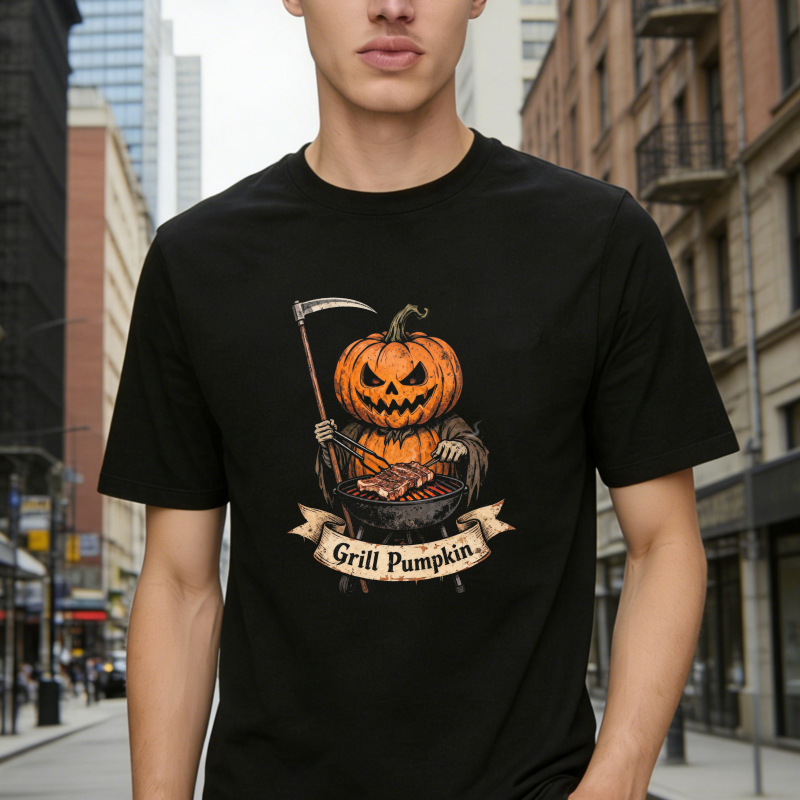 Grill Pumpkin Halloween Skeleton Reaper Barbecue Unisex Classic T-shirt
