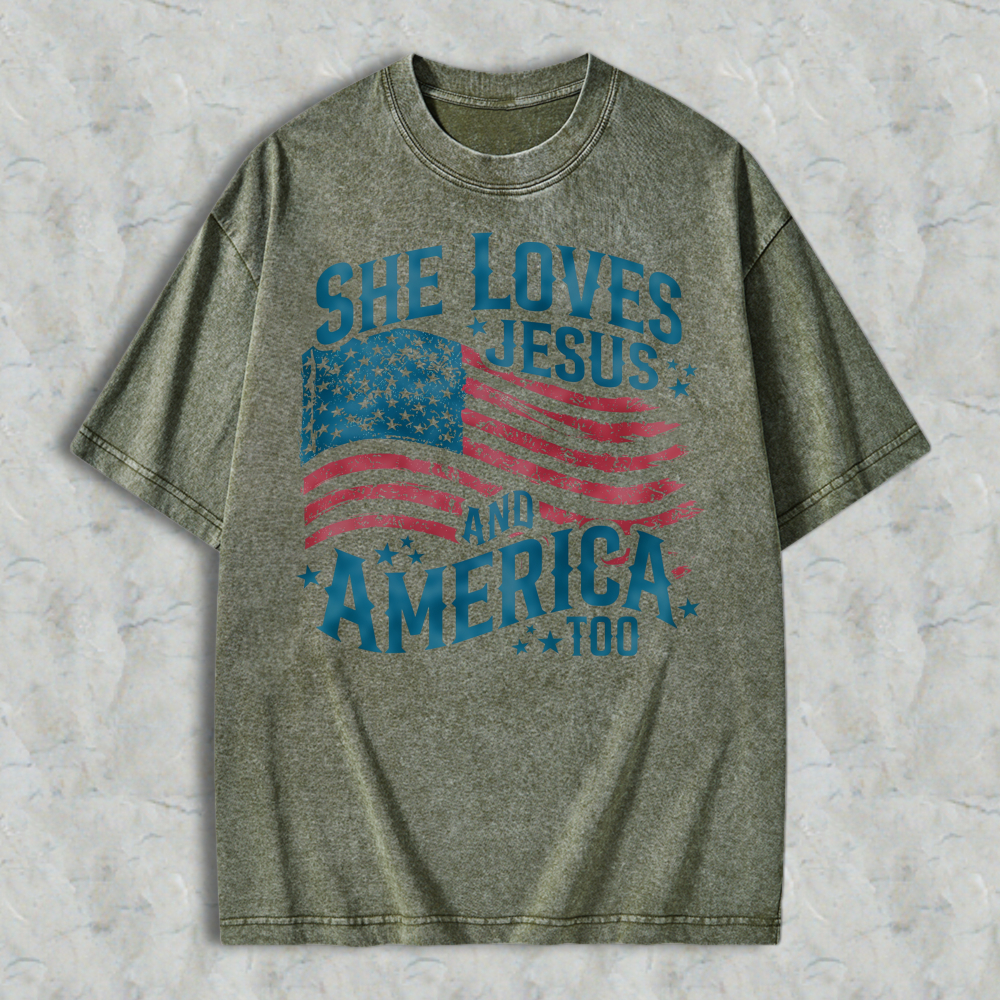 She Loves Jesus And America Too American Flag Design Washed T-shirt