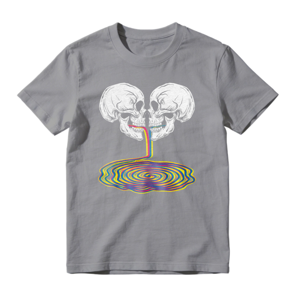 Two Skulls Kissing With Rainbow Vomit Psychedelic Spiral Graphic T-shirt