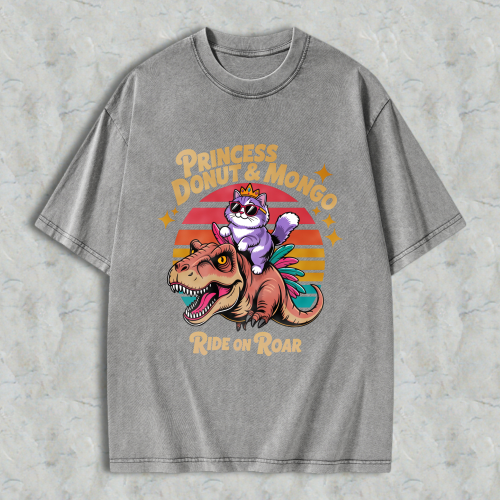 Wardrobecart Princess Donut And Mongo Ride On Roar Cat Riding Dinosaur Vintage Sunset Design Unisex Washed T-shirt