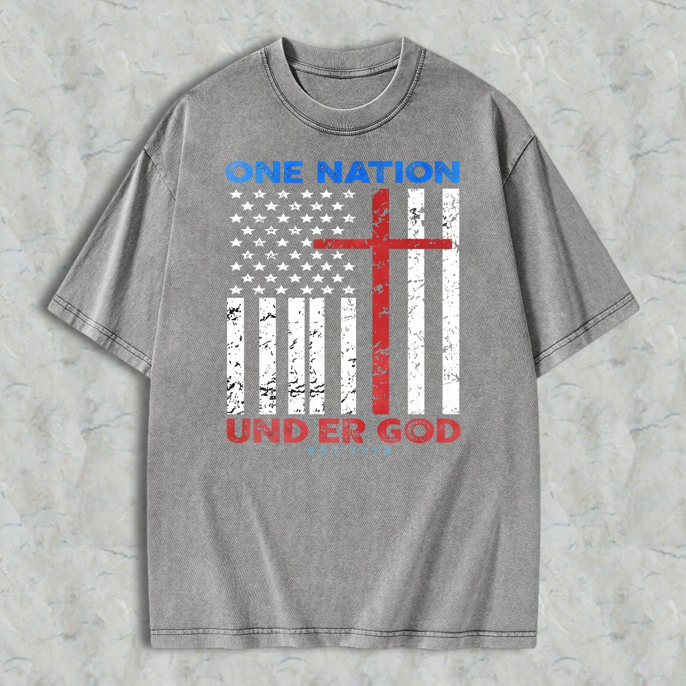 One Nation Under God American Flag With Cross Washed T-shirt