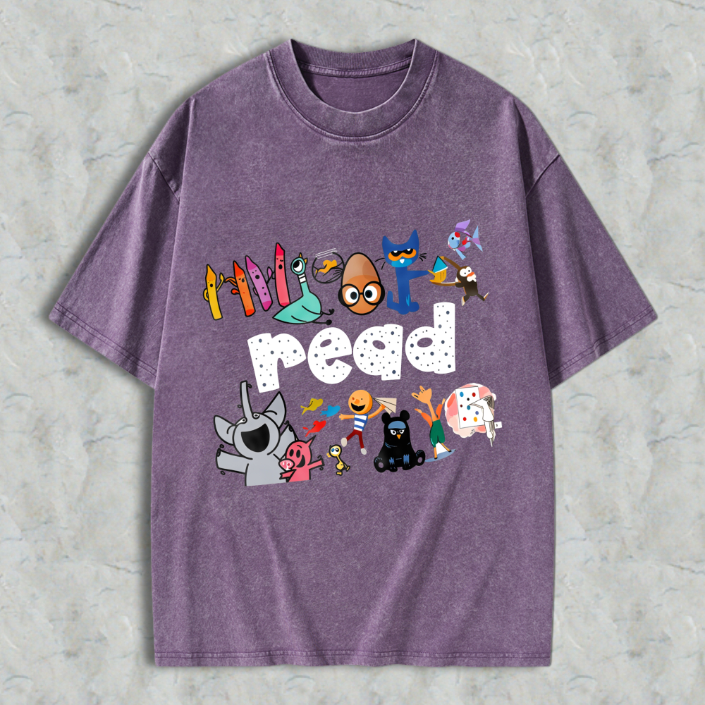 Wardrobecart Cartoon Characters And Crayons Read Unisex Washed T-shirt