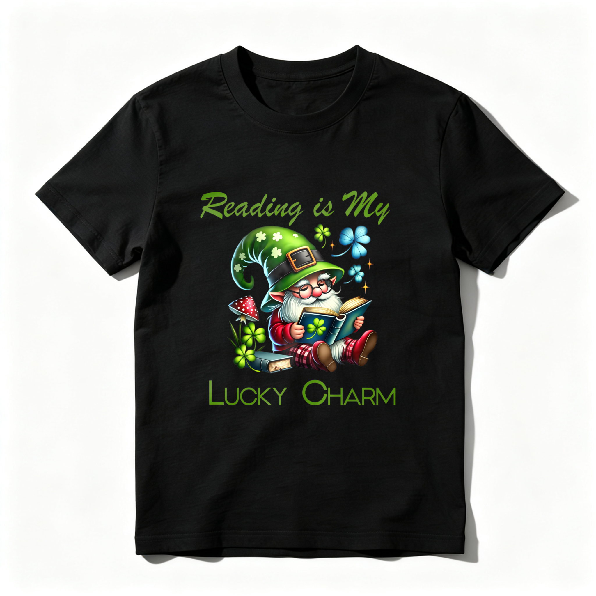 Wardrobecart Gnome Reading Book With Clover Hat tshirt