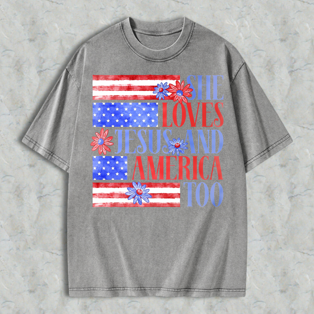 She Loves Jesus And America Too Patriotic Flag Floral Design Washed T-shirt