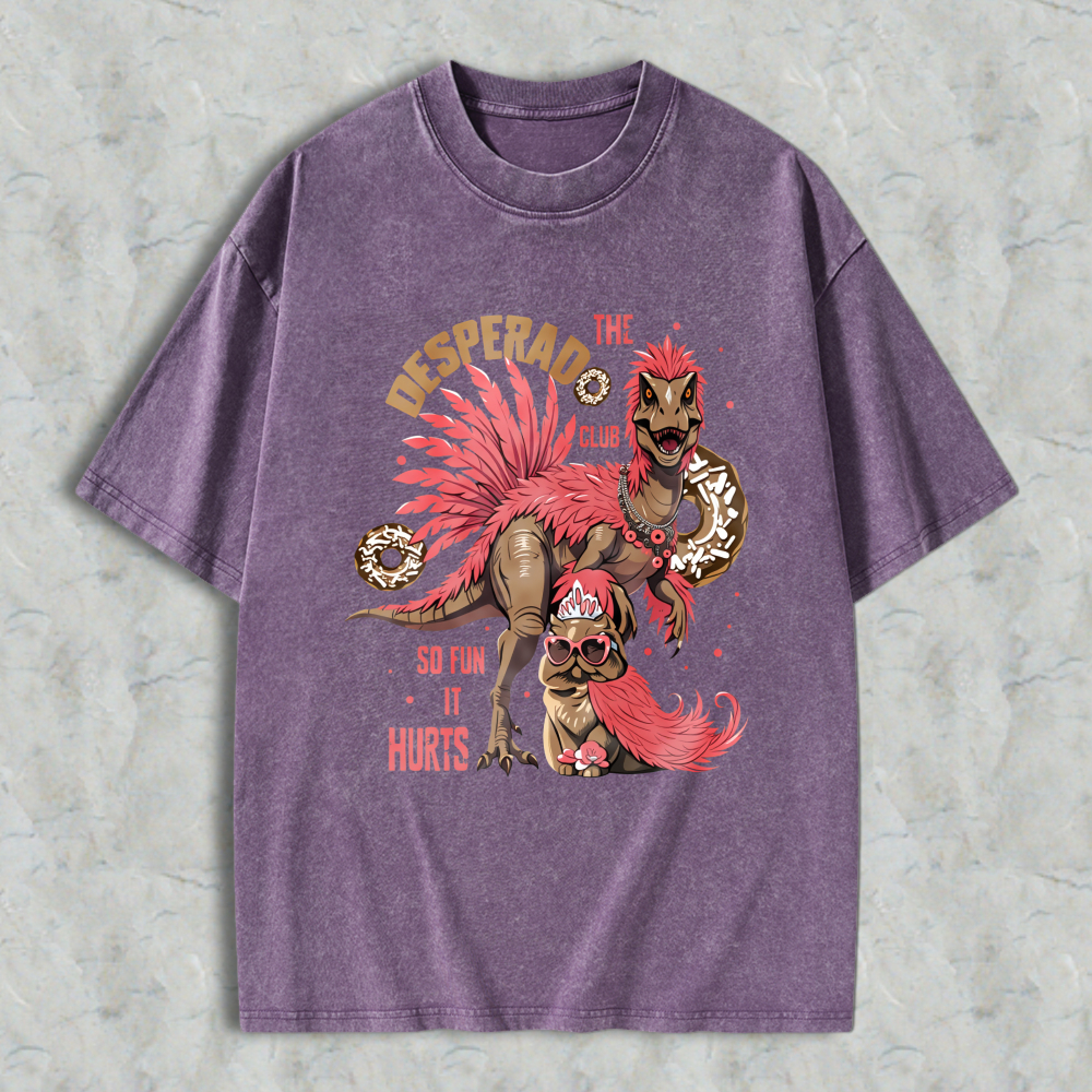 Wardrobecart Desperado Club Dinosaur With Donuts And Pink Hair Unisex Washed T-shirt