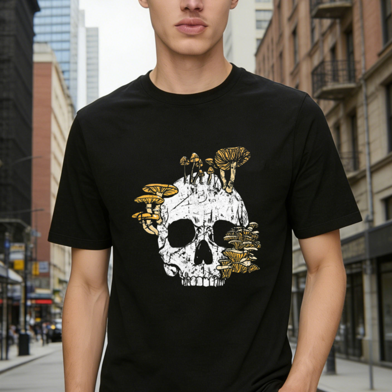 Skull With Mushrooms Growing On Head Graphic T-shirt