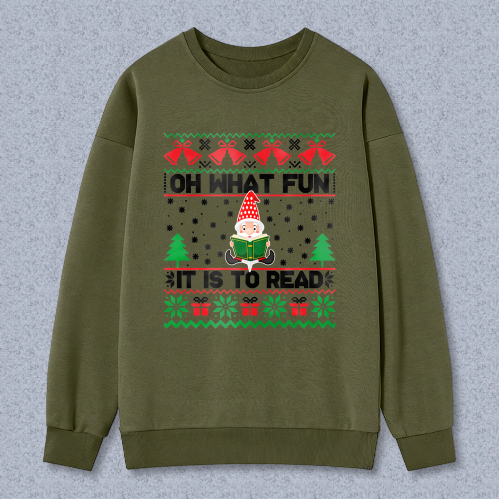 Wardrobecart Christmas Gnome Reading Book Pattern Oh What Fun It Is To Read Unisex Classic Sweatshirt