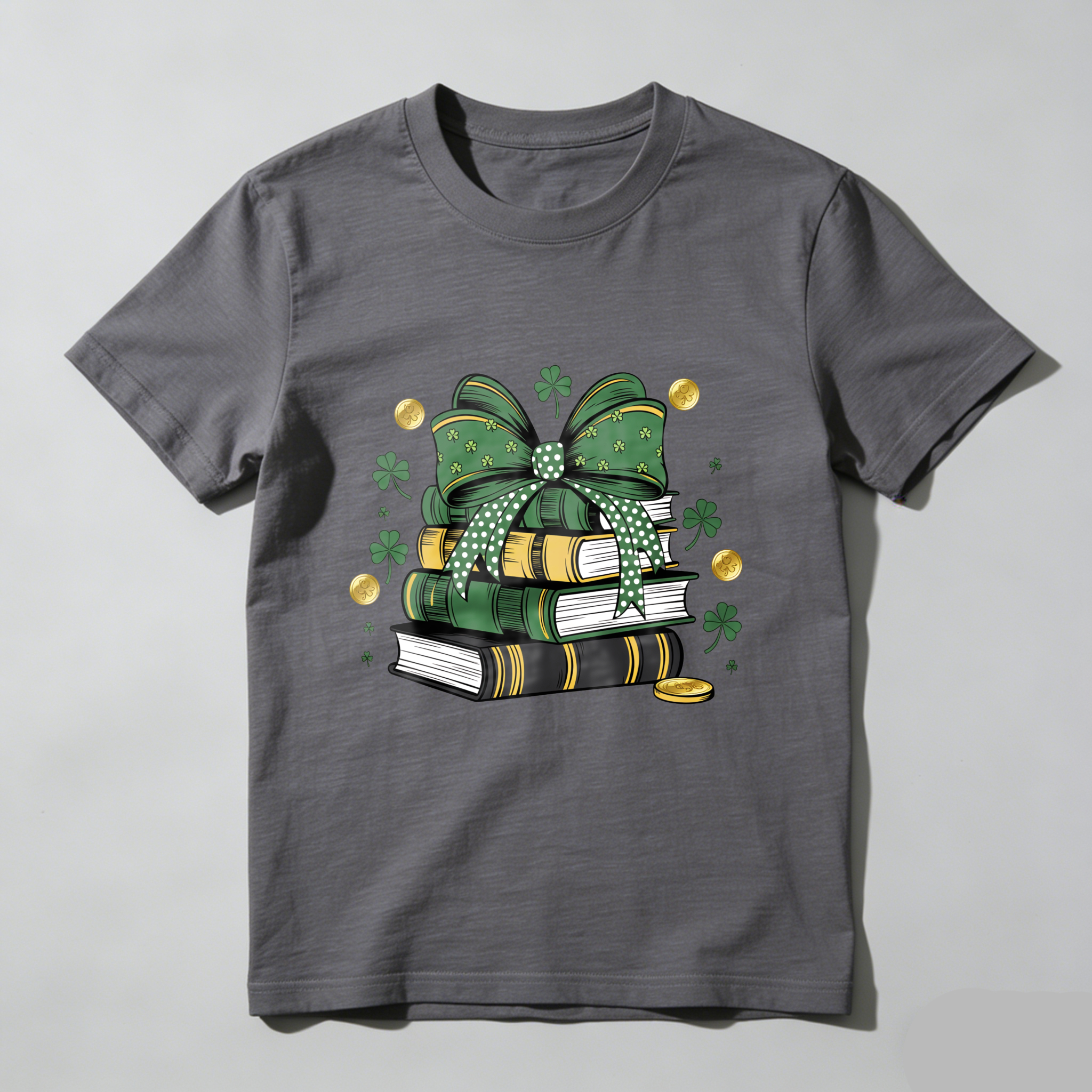 Wardrobecart Green Bow Books Clover Gold Coins tshirt