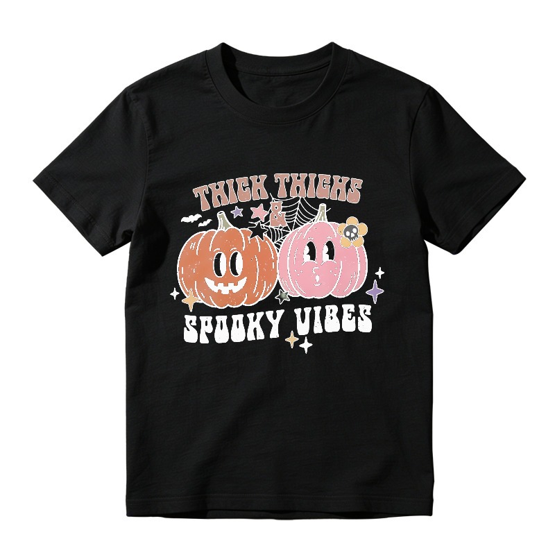 Thick Thighs Spooky Vibes Halloween Pumpkin Cartoon Graphic, Unisex Classic T-shirt