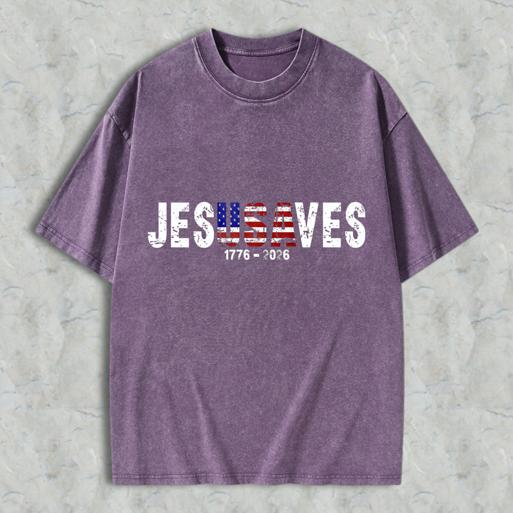 Jesus Saves American Flag Design 1776 2026 Washed T-shirt