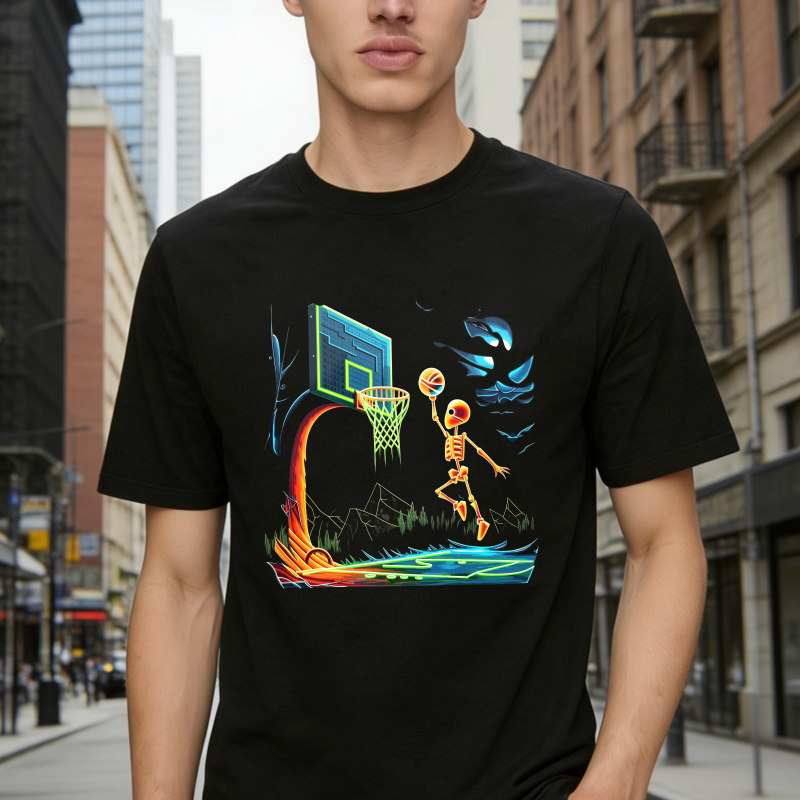 Skeleton Basketball Player Dunking Ball With Neon Hoop And Moon Unisex Classic T-shirt