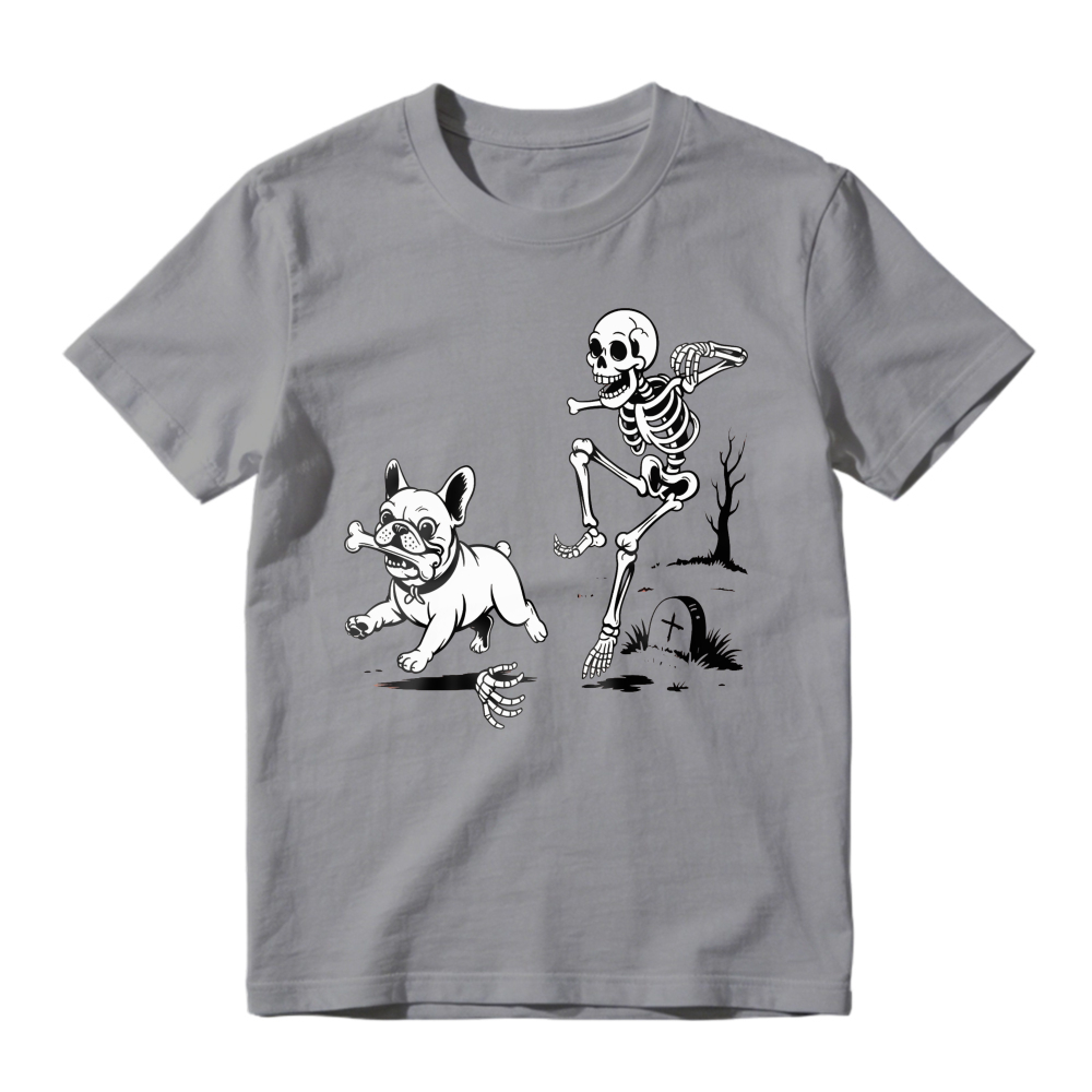 Skeleton Chasing French Bulldog With Bone In Graveyard, Unisex Classic T-shirt
