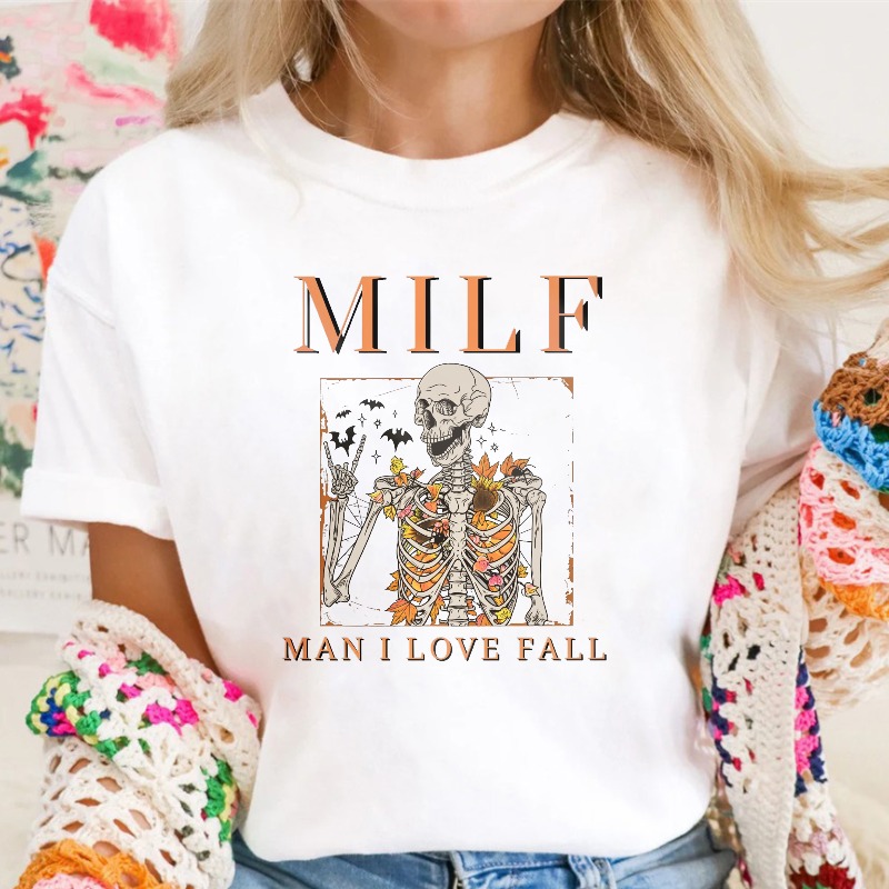 Skeleton With Autumn Leaves And Bats, Milf Man I Love Fall Graphic, Unisex Classic T-shirt