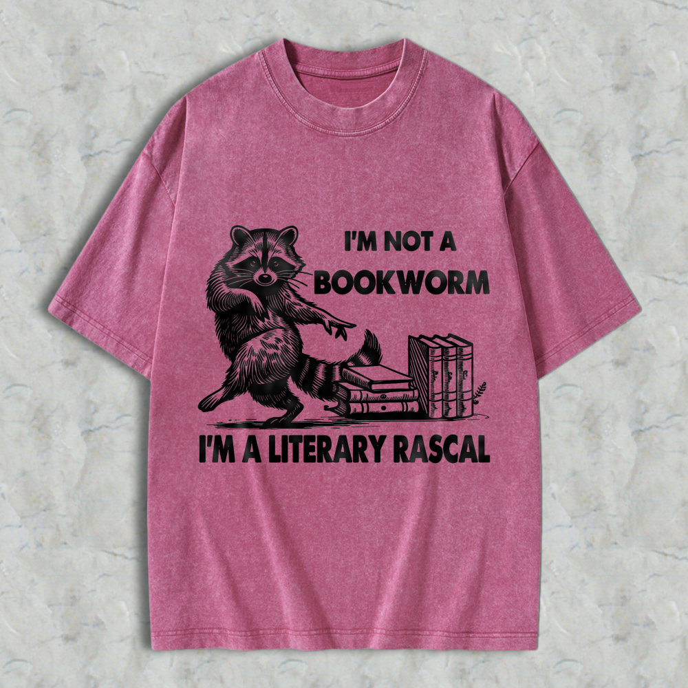 Wardrobecart Raccoon Reading Books I'm Not A Bookworm I'm A Literary Rascal Unisex Washed T-shirt