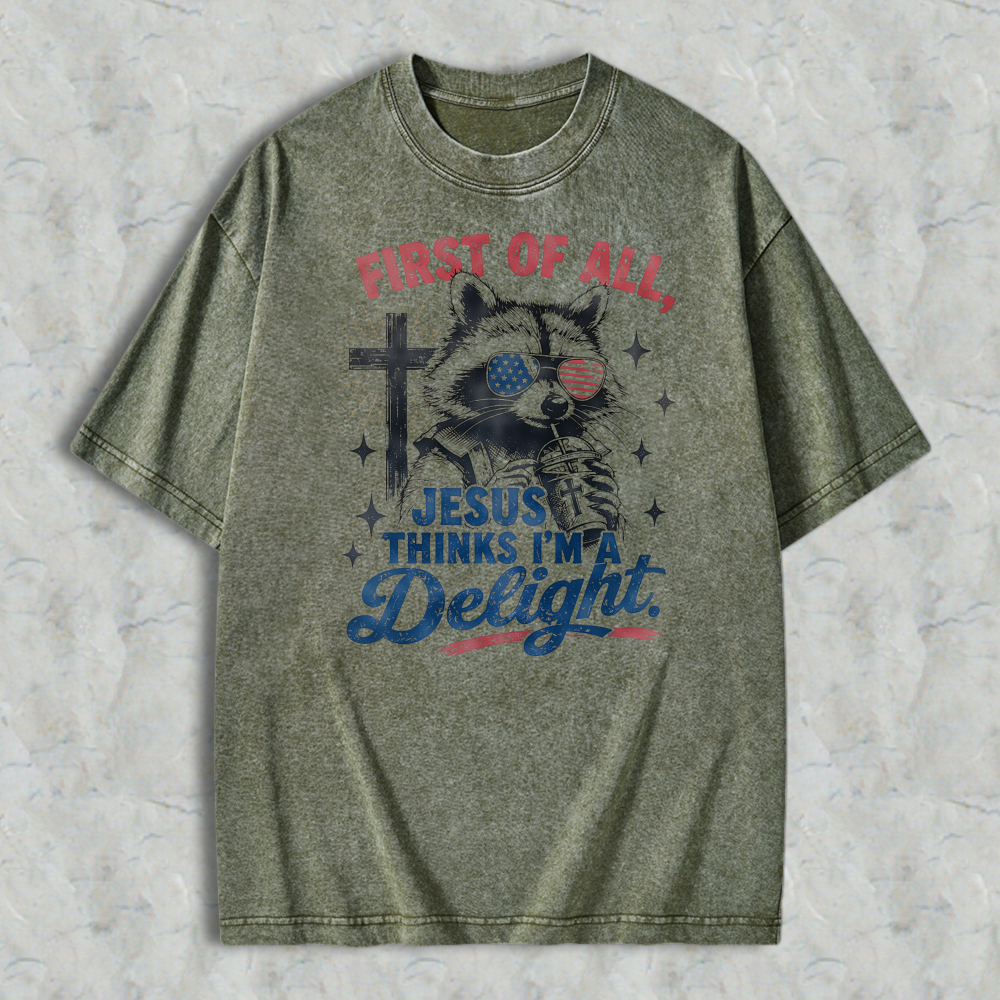 Cat With American Flag Eyes And Cross First Of All Jesus Thinks I M Delight Washed T-shirt