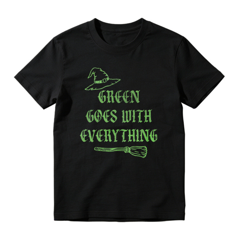 Green Goes With Everything Witch Hat And Broomstick Halloween Graphic T-shirt