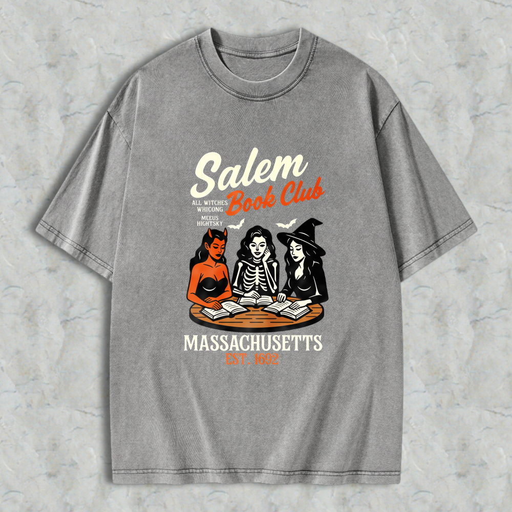 Wardrobecart Salem Book Club Witch Reading Books Massachusetts Est 1692 Unisex Washed T-shirt