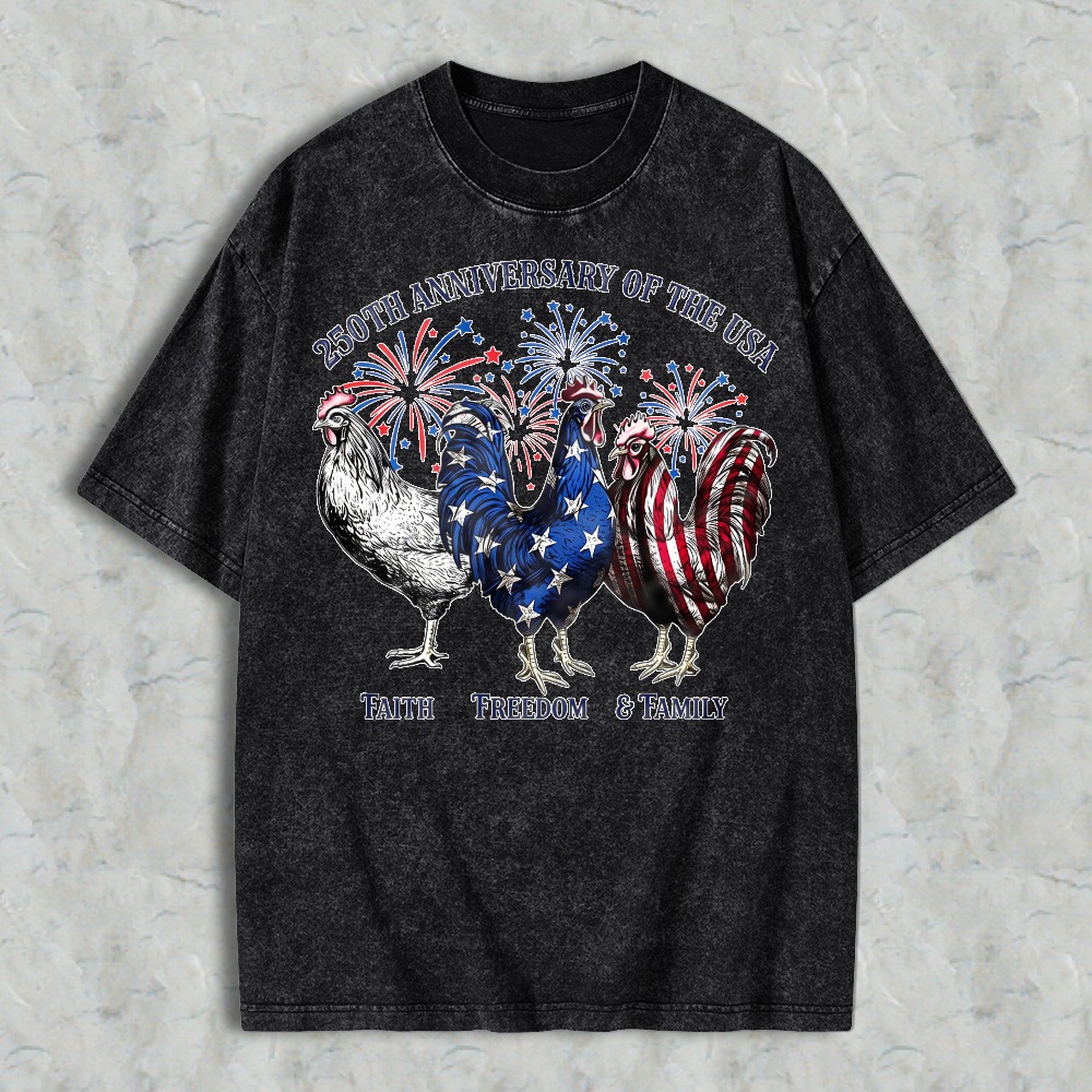 Patriotic Roosters With American Flag And Fireworks 250th Anniversary Of The Usa Washed T-shirt