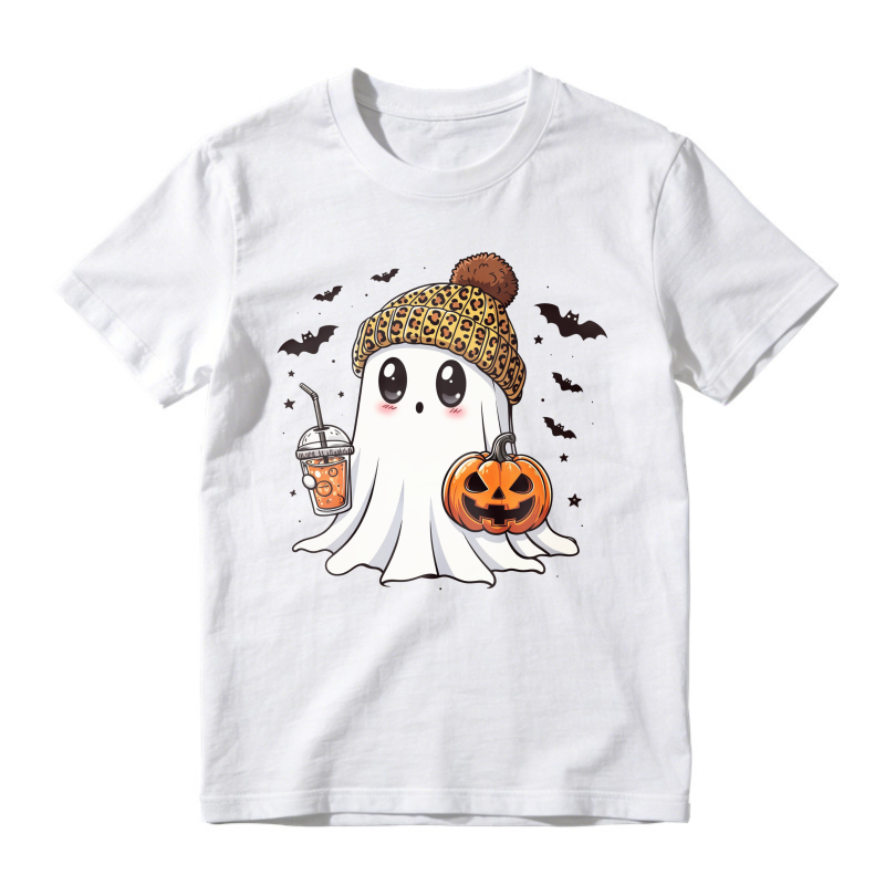 Cute Ghost Wearing Leopard Beanie Holding Pumpkin And Drink Unisex Classic T-shirt