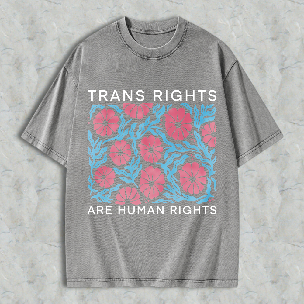 Wardrobecart Trans Rights Are Human Rights Floral Pattern Unisex Washed T-shirt