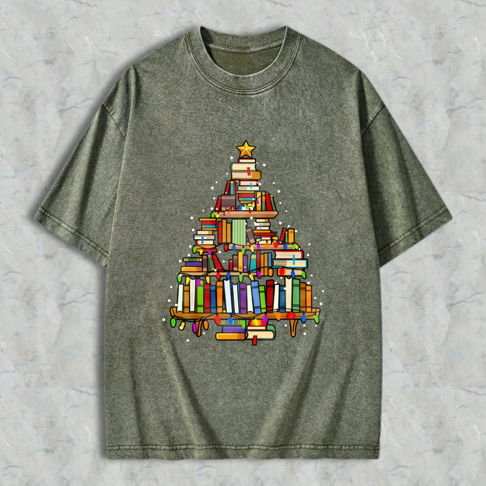 Wardrobecart Book Christmas Tree Unisex Washed T-shirt